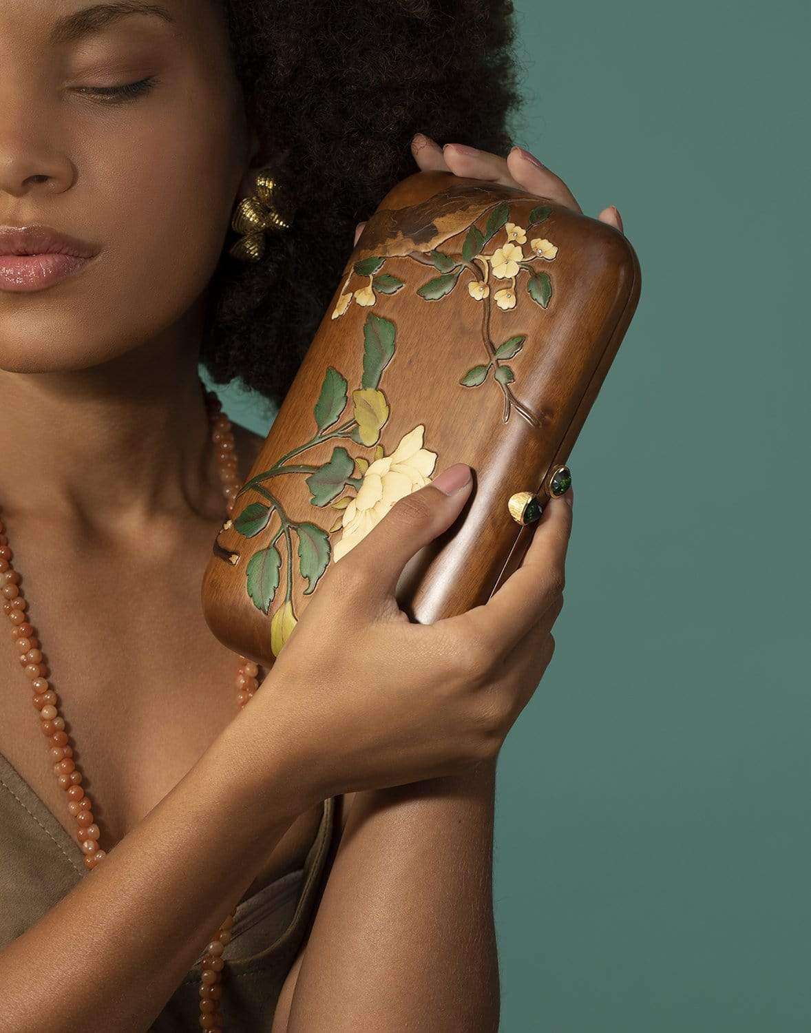 SILVIA FURMANOVICH-Green Tourmaline and Marquetry Flower Clutch-YELLOW GOLD