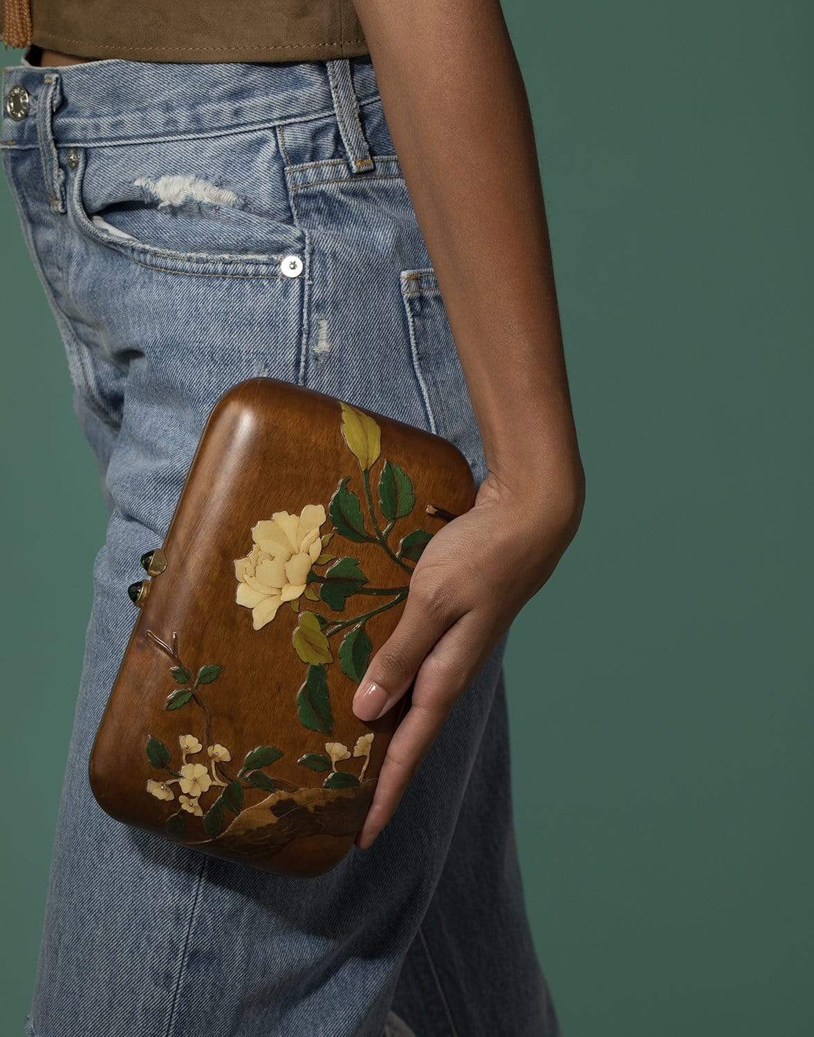 SILVIA FURMANOVICH-Green Tourmaline and Marquetry Flower Clutch-YELLOW GOLD