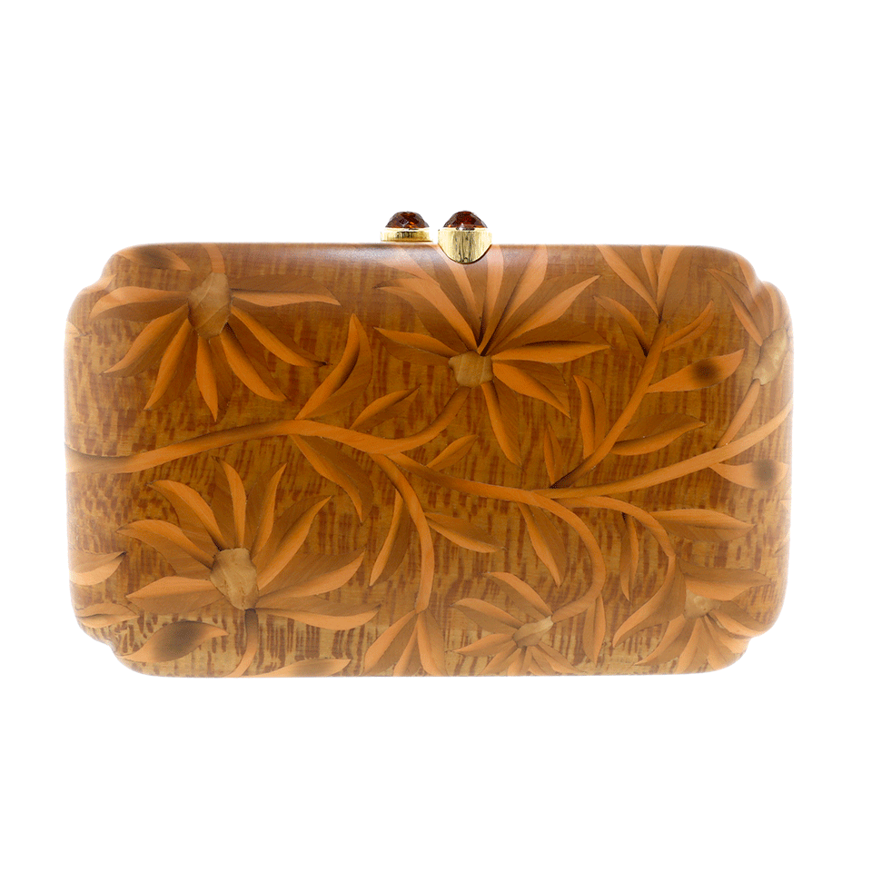 SILVIA FURMANOVICH-Marquetry Brown Floral Clutch-YELLOW GOLD