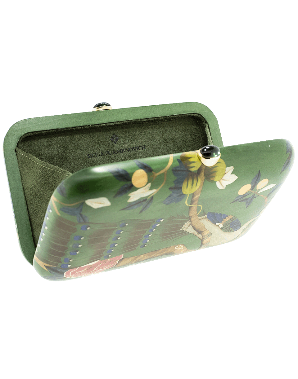 SILVIA FURMANOVICH-Marquetry Green Peacock Clutch-YELLOW GOLD