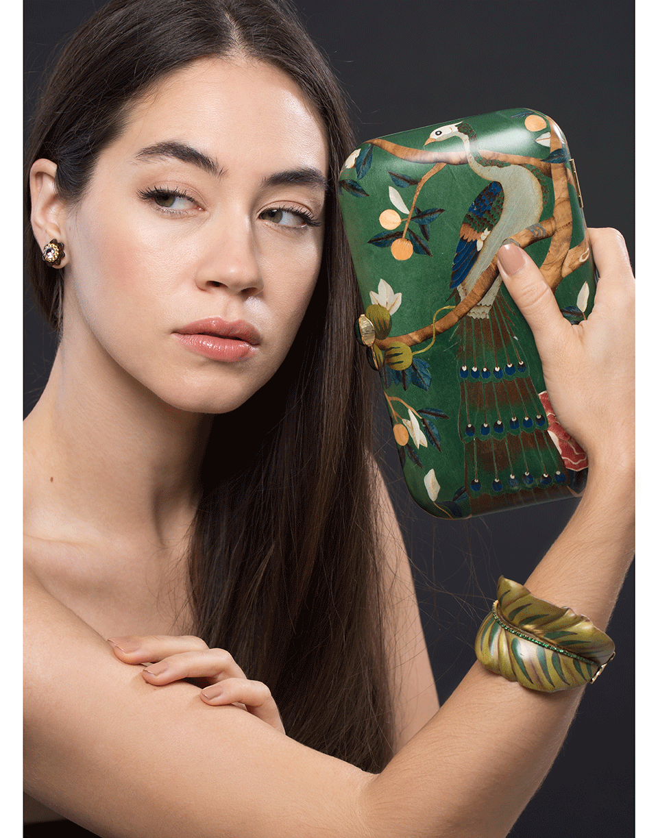 SILVIA FURMANOVICH-Marquetry Green Peacock Clutch-YELLOW GOLD