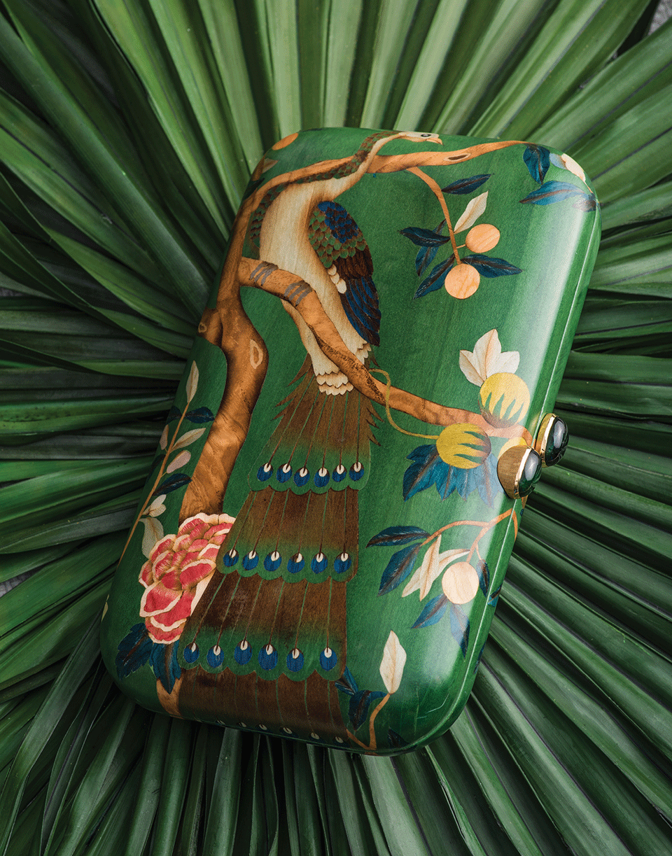 SILVIA FURMANOVICH-Marquetry Green Peacock Clutch-YELLOW GOLD