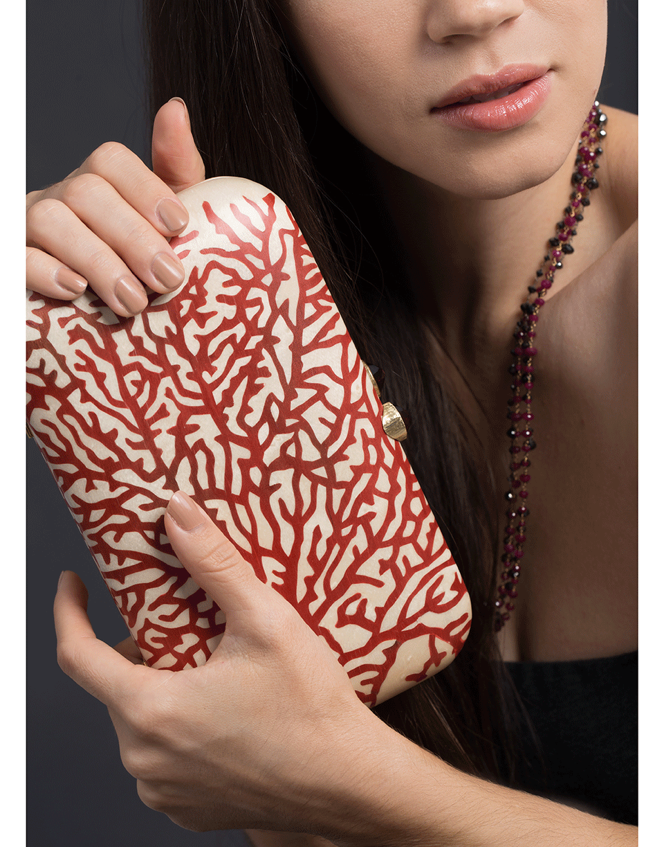 SILVIA FURMANOVICH-Marquetry Red Coral Clutch-YELLOW GOLD