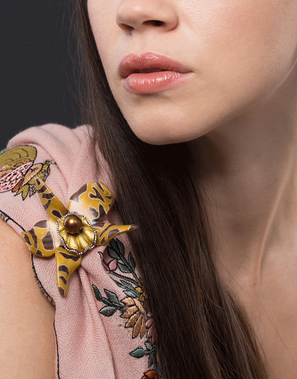 SILVIA FURMANOVICH-Sculptural Botanical Marquetry Yellow Spotted Orchid Brooch-YELLOW GOLD