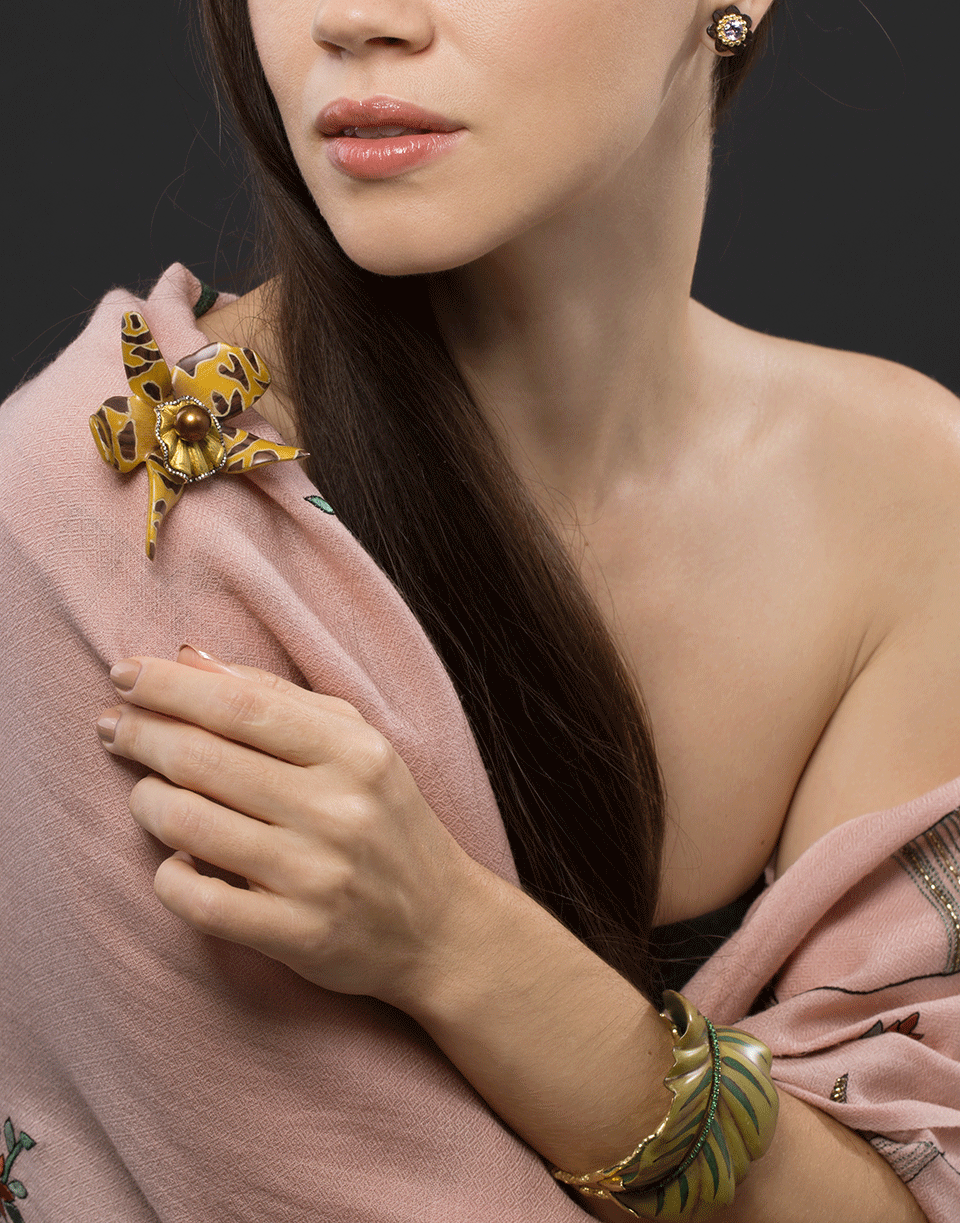 SILVIA FURMANOVICH-Sculptural Botanical Marquetry Yellow Spotted Orchid Brooch-YELLOW GOLD