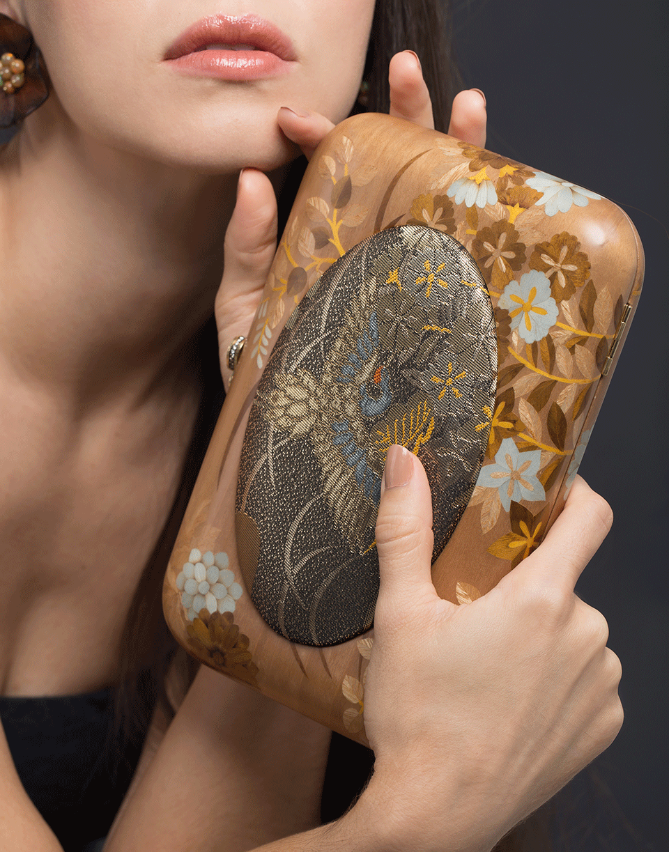 SILVIA FURMANOVICH-Vintage Japanese Fabric Wood Clutch-YELLOW GOLD