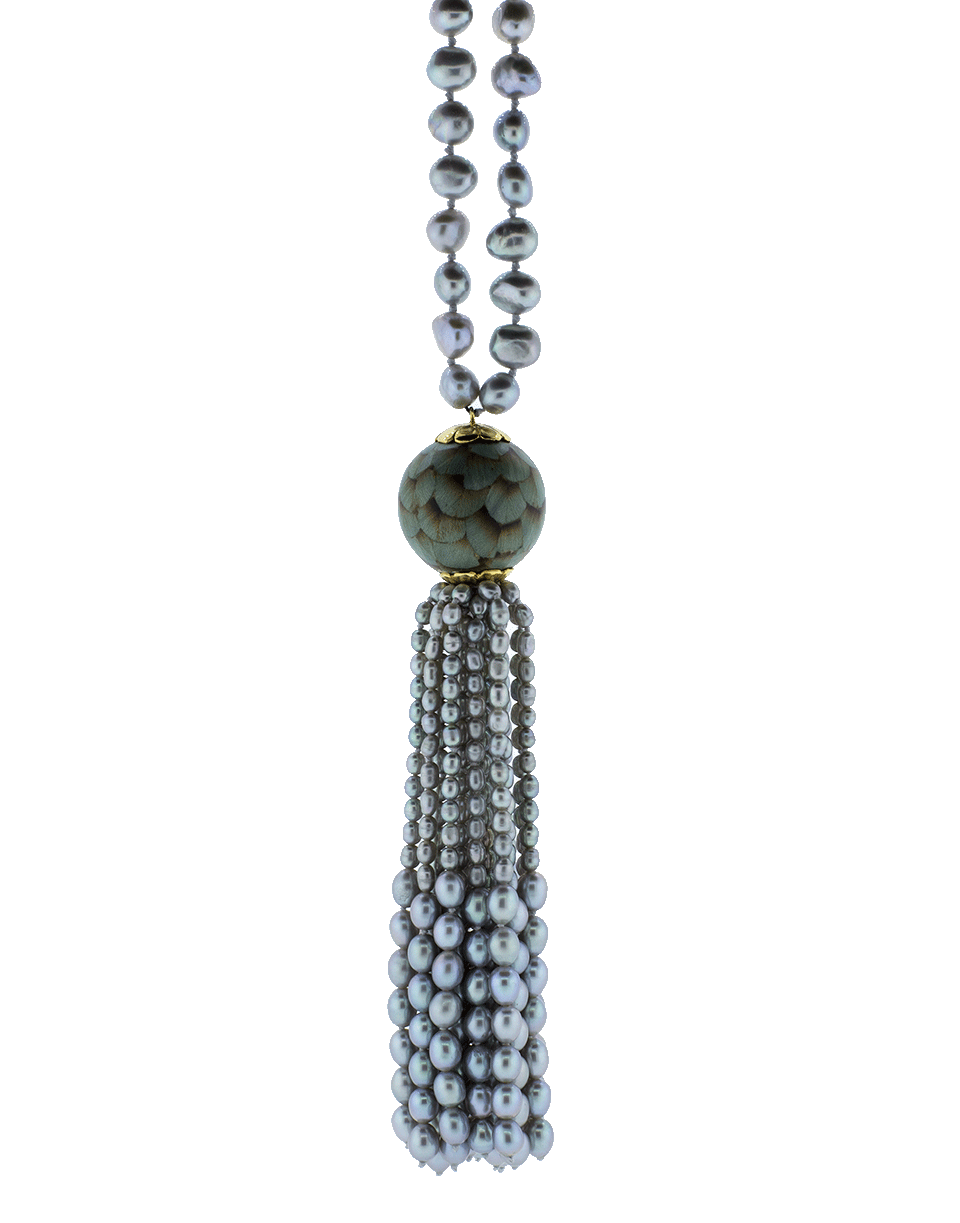 SILVIA FURMANOVICH-Marquetry Grey Pearl Tassel Necklace-YELLOW GOLD