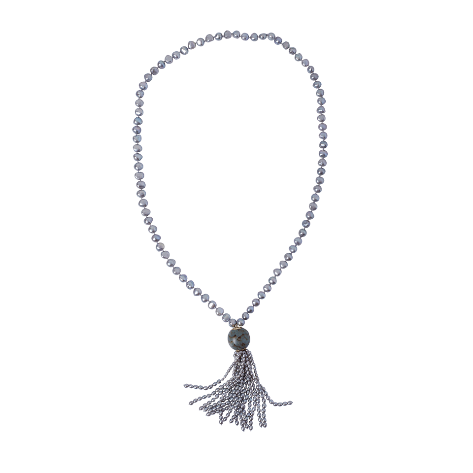 SILVIA FURMANOVICH-Marquetry Light Blue Ball Beaded Tassel Necklace-YELLOW GOLD