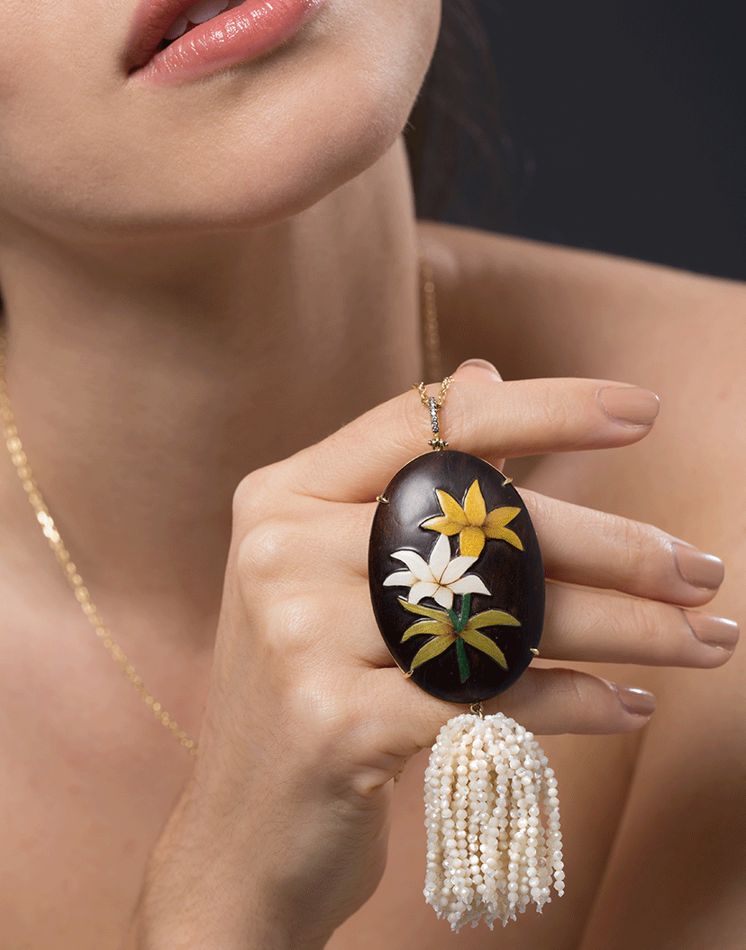 SILVIA FURMANOVICH-Marquetry Pearl Tassel Lily Necklace-YELLOW GOLD