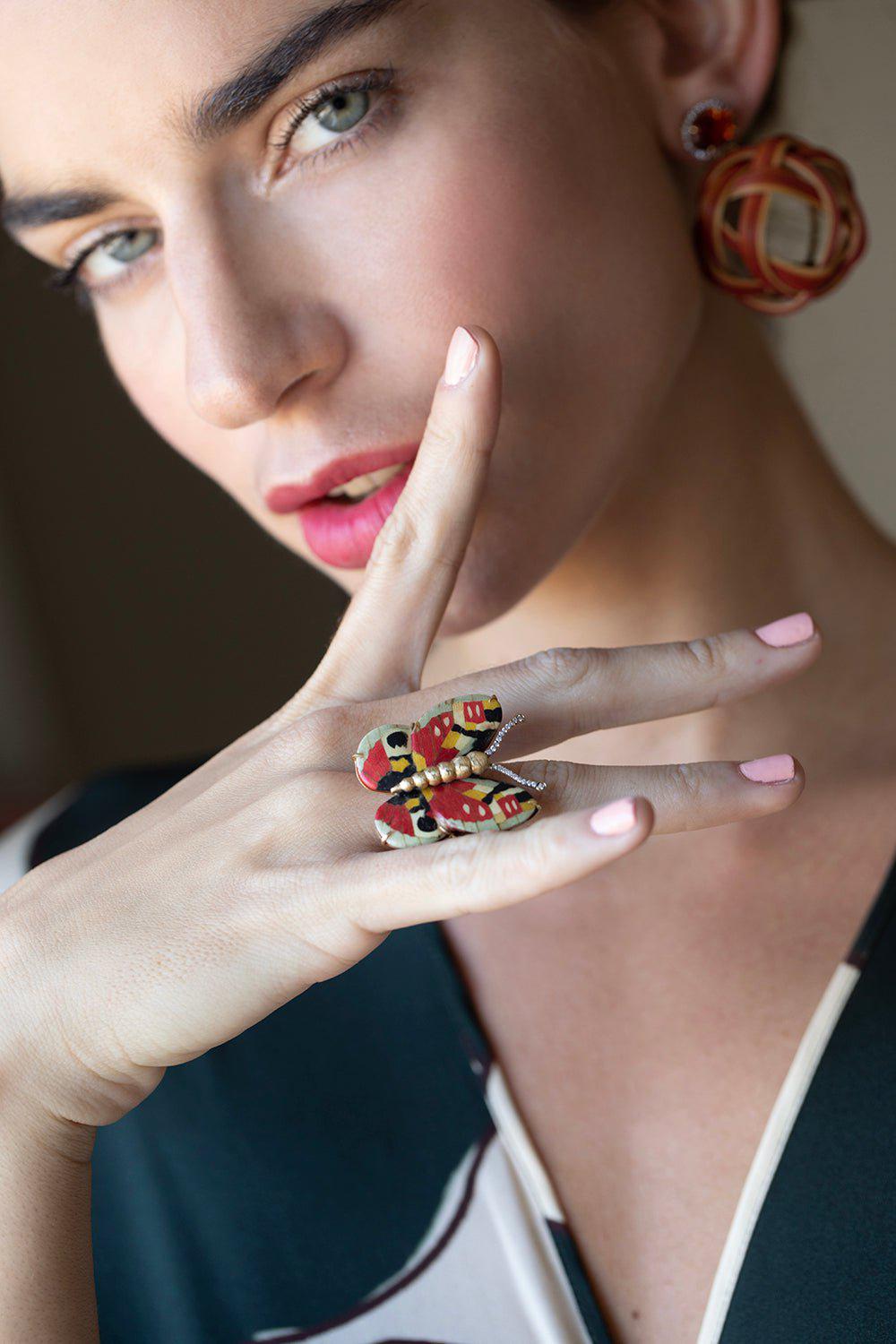 SILVIA FURMANOVICH-Marquetry Red Butteryfly Ring-YELLOW GOLD