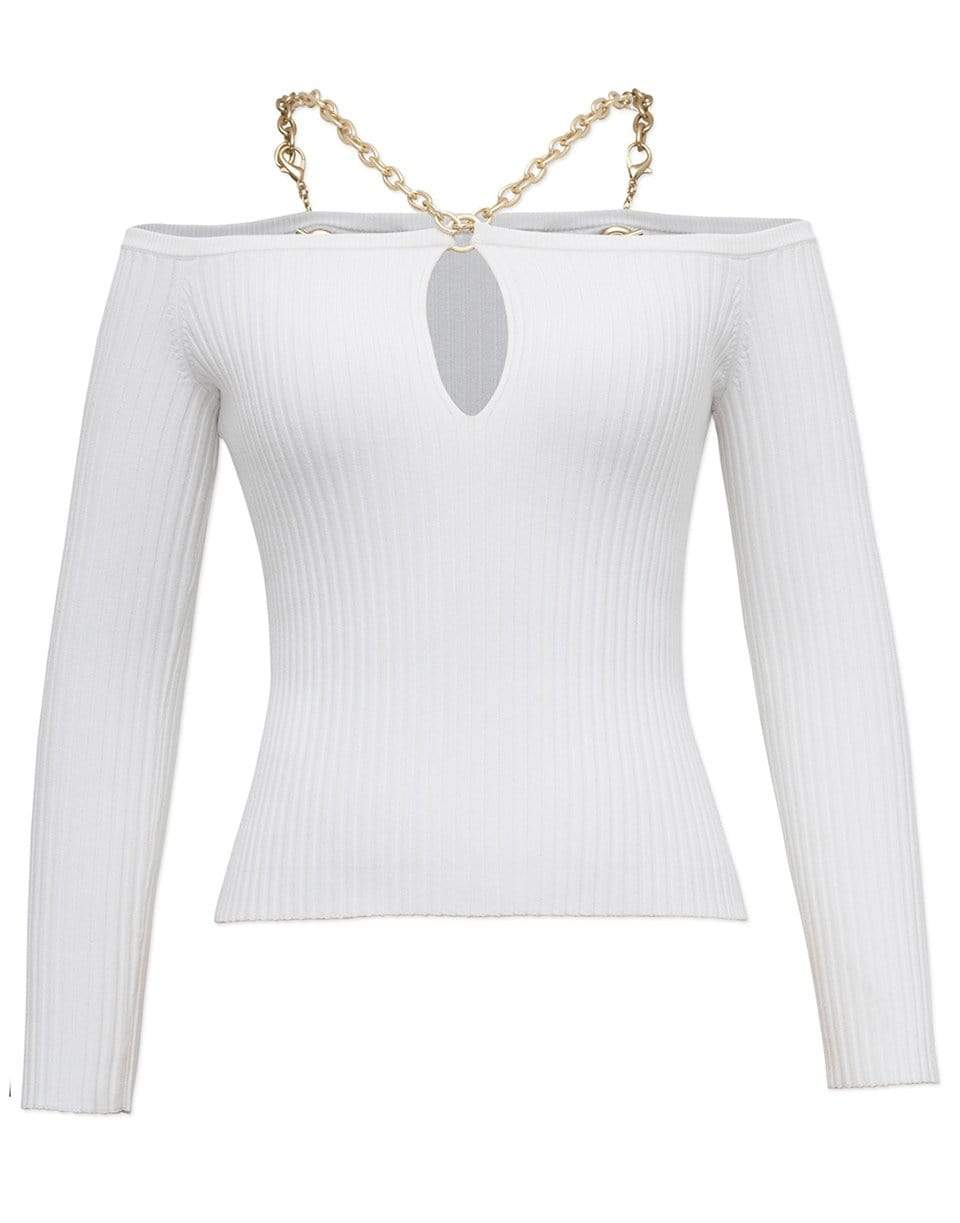 SIMKHAI-Quinn Compact Rib Long Sleeve Off Shoulder Chain Top-