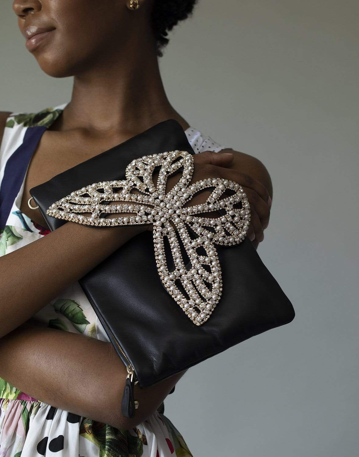 SOPHIA WEBSTER-Butterfly Flossy Crystal Clutch - Black & Pearl-BLKPEARL