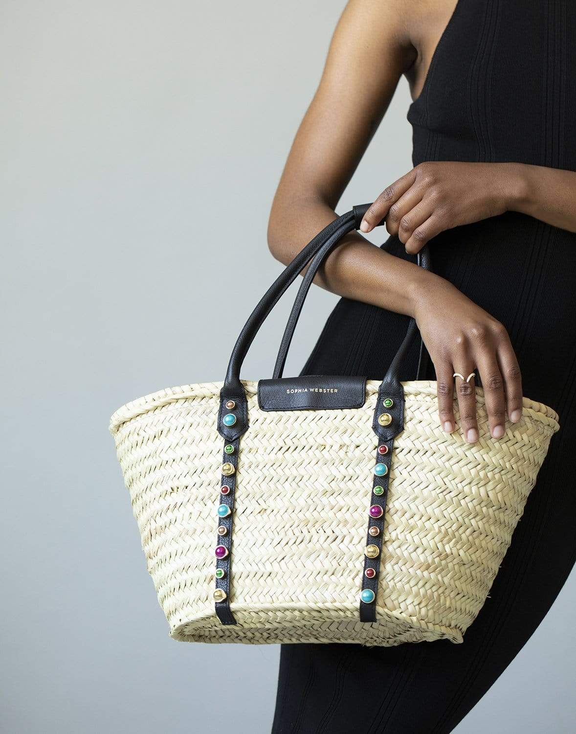 SOPHIA WEBSTER-Dina Stud Raffia Tote - Black & Multi-BLACK