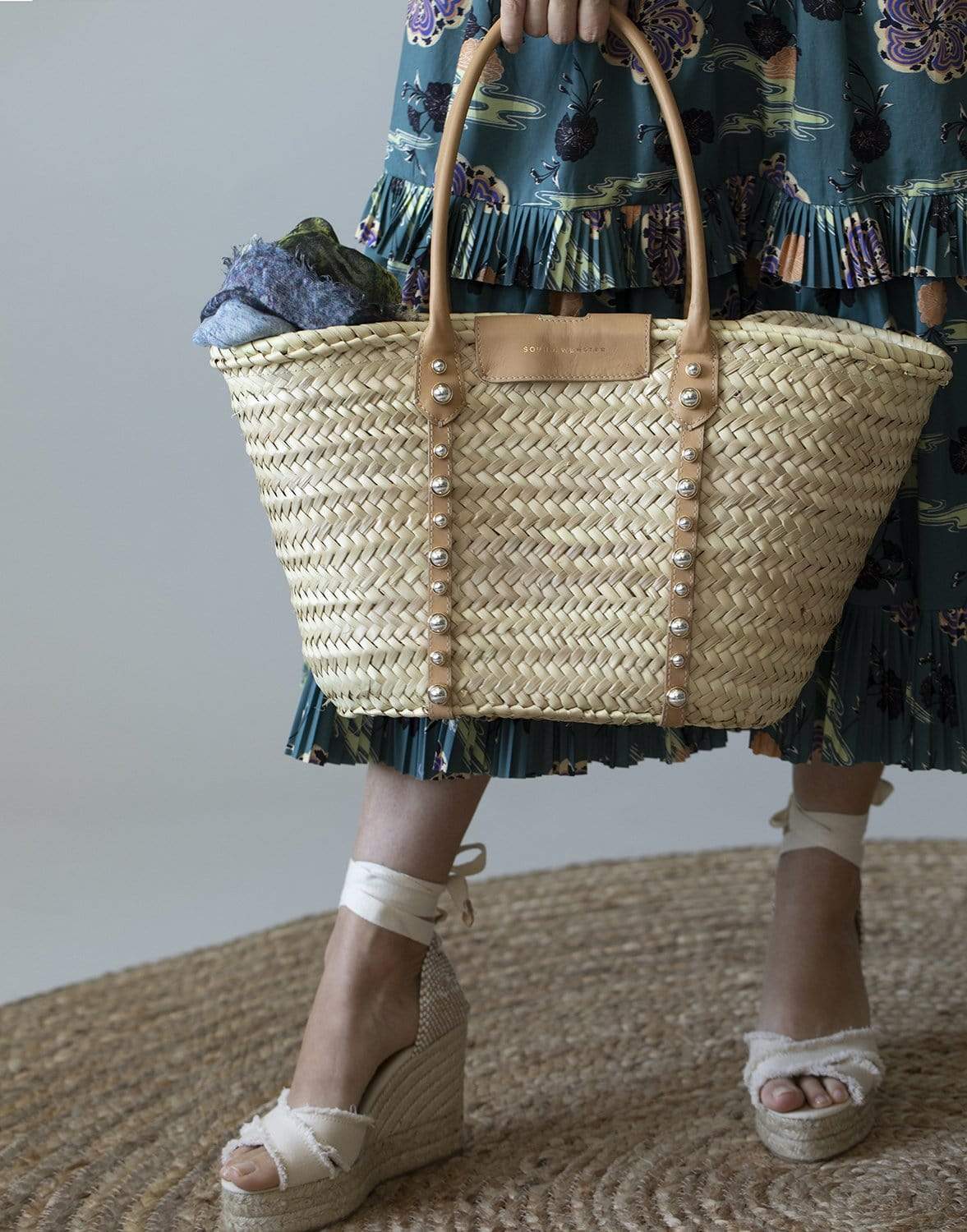 SOPHIA WEBSTER-Dina Stud Raffia Tote - Praline & Silver-PRALINE