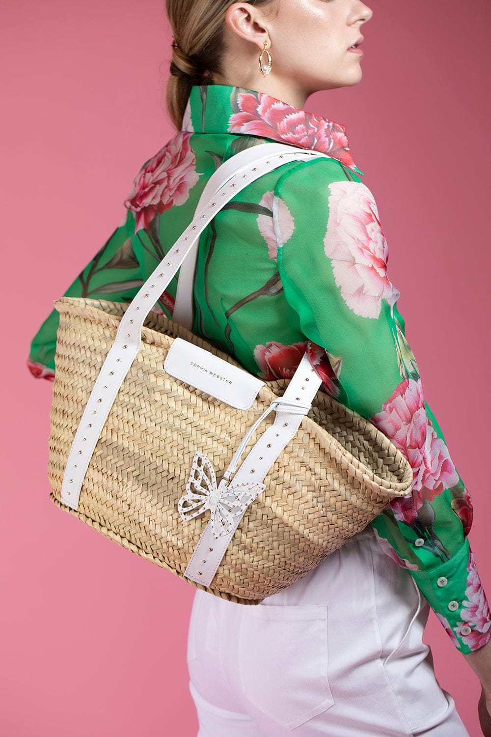 SOPHIA WEBSTER-Taya Raffia Stud Tote-WHITE
