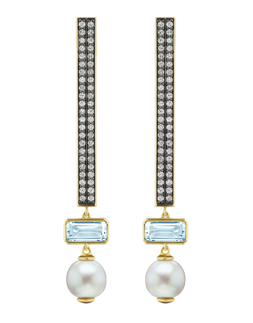 SORELLINA-Aquamarine, Pearl and Diamond Stick Earrings-YELLOW GOLD