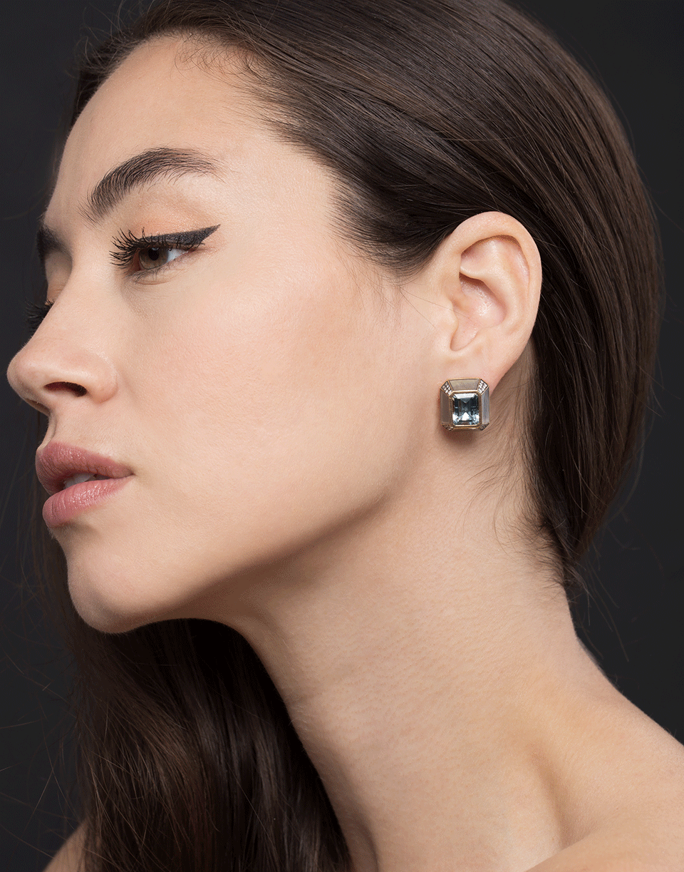 SORELLINA-Grey Moonstone and Aquamarine Stud Earrings-YELLOW GOLD