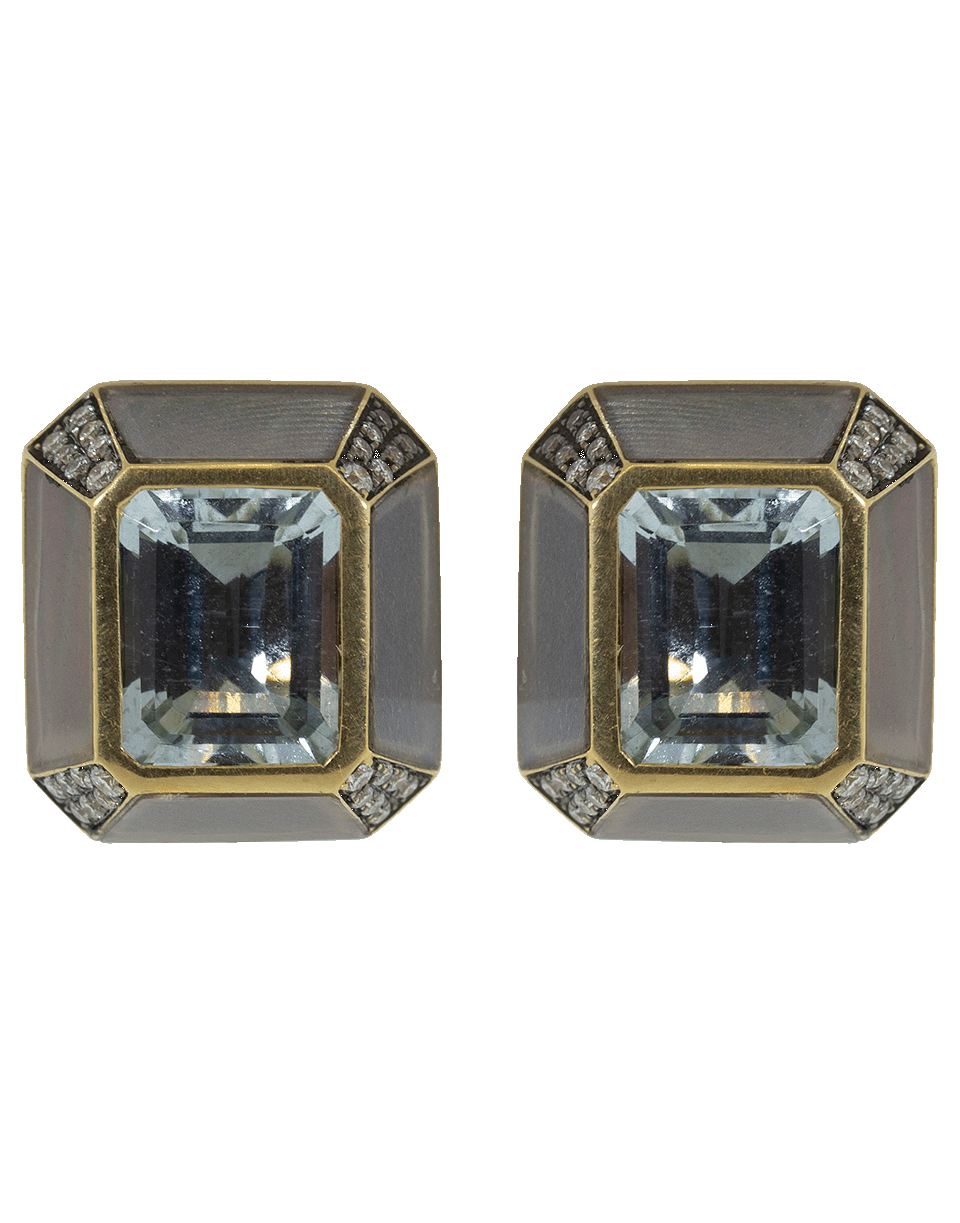 SORELLINA-Grey Moonstone and Aquamarine Stud Earrings-YELLOW GOLD