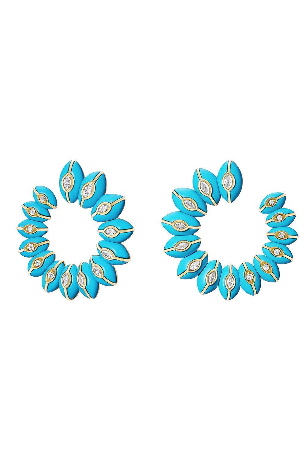  Turquoise Diamond Bloom Crescent Hoop Earrings-YELLOW GOLD-JEWELRYFINE JEWELEARRING-SORELLINA 