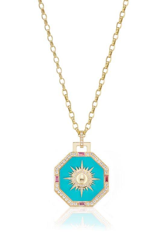 SORELLINA-Turquoise Octagonal Sole Pendant Necklace-YELLOW GOLD
