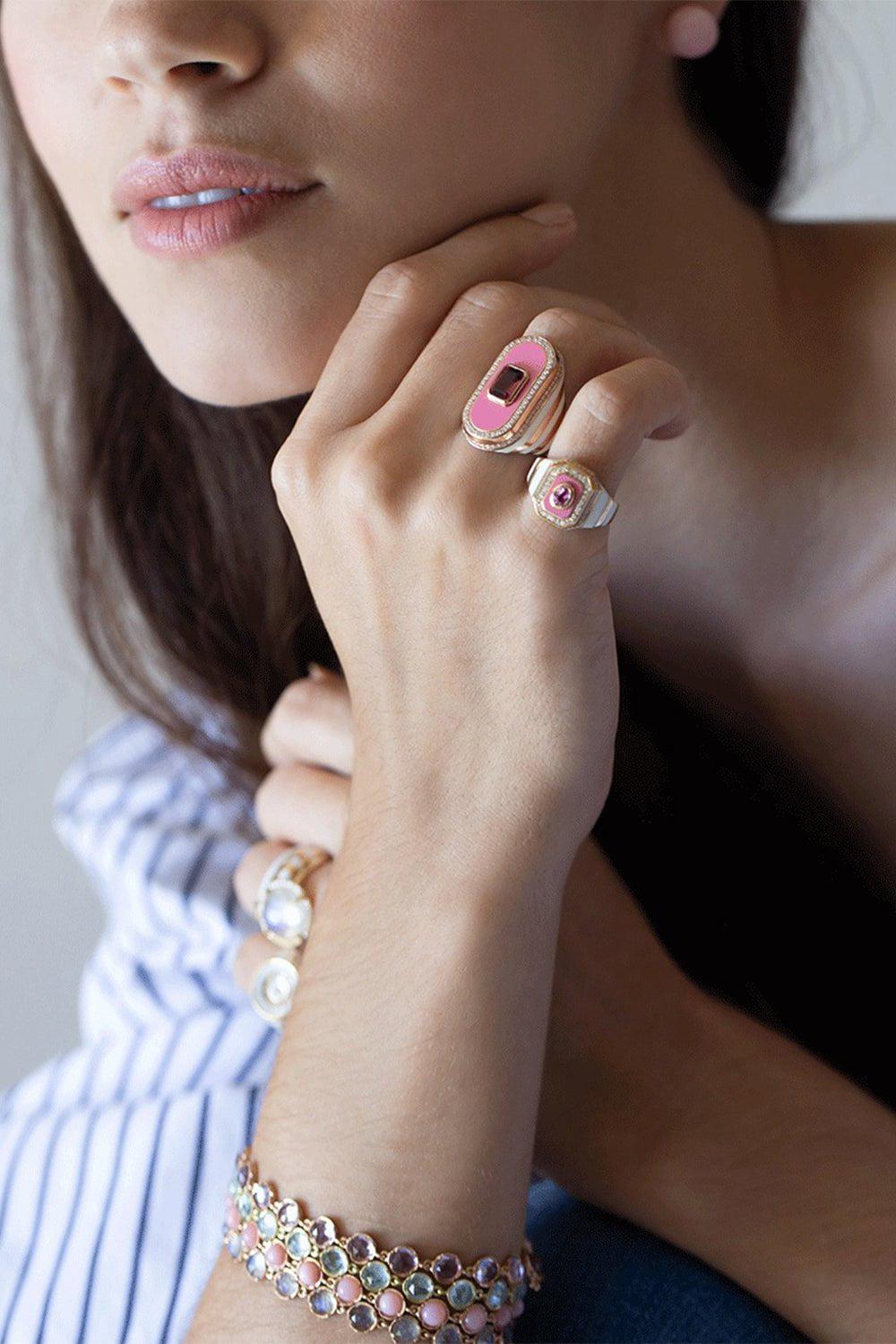 STATE PROPERTY-Battuta Pink Tourmaline and Enamel Ring-ROSE GOLD