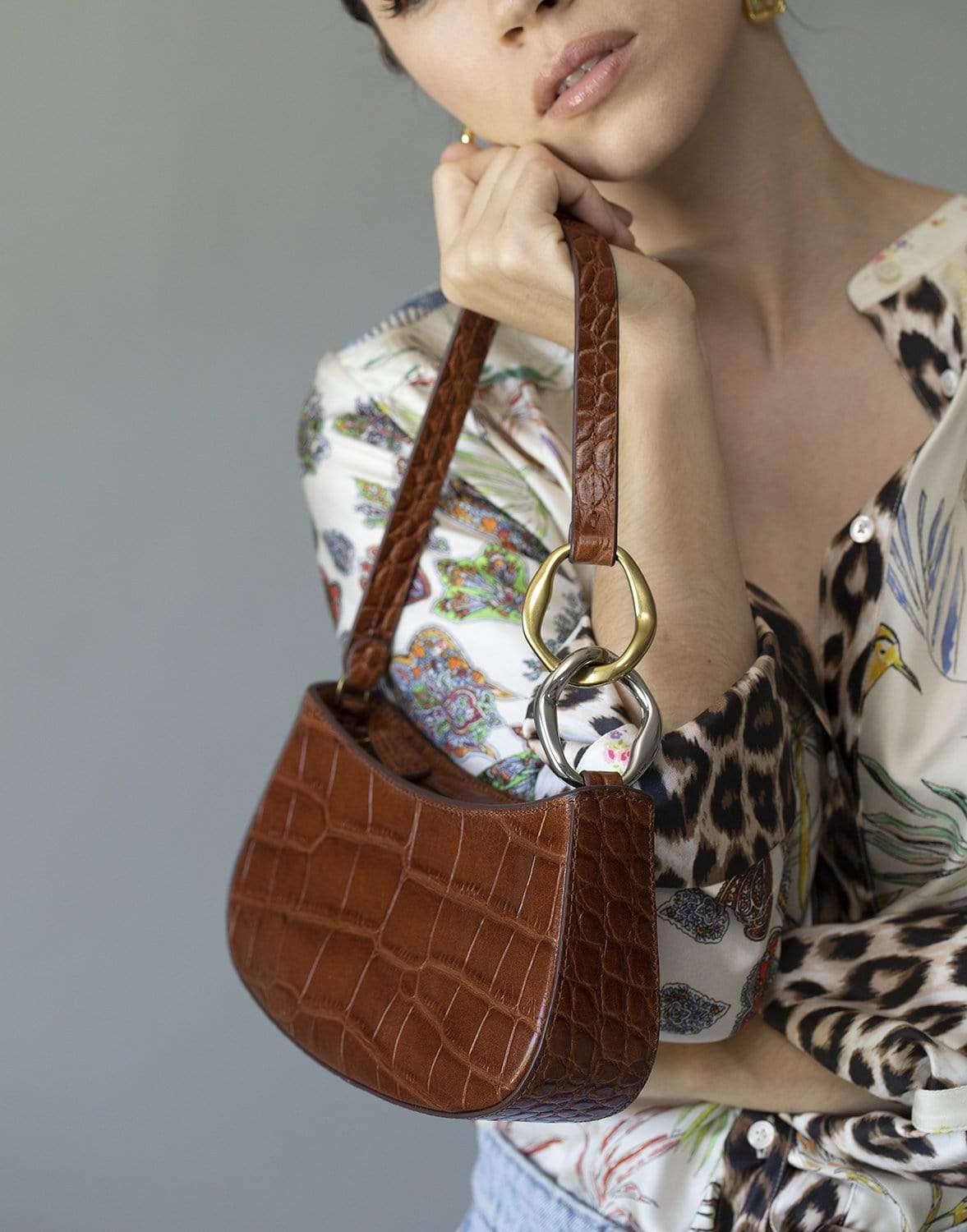 STAUD-Saddle Croc Embossed Ollie Bag-FAUX