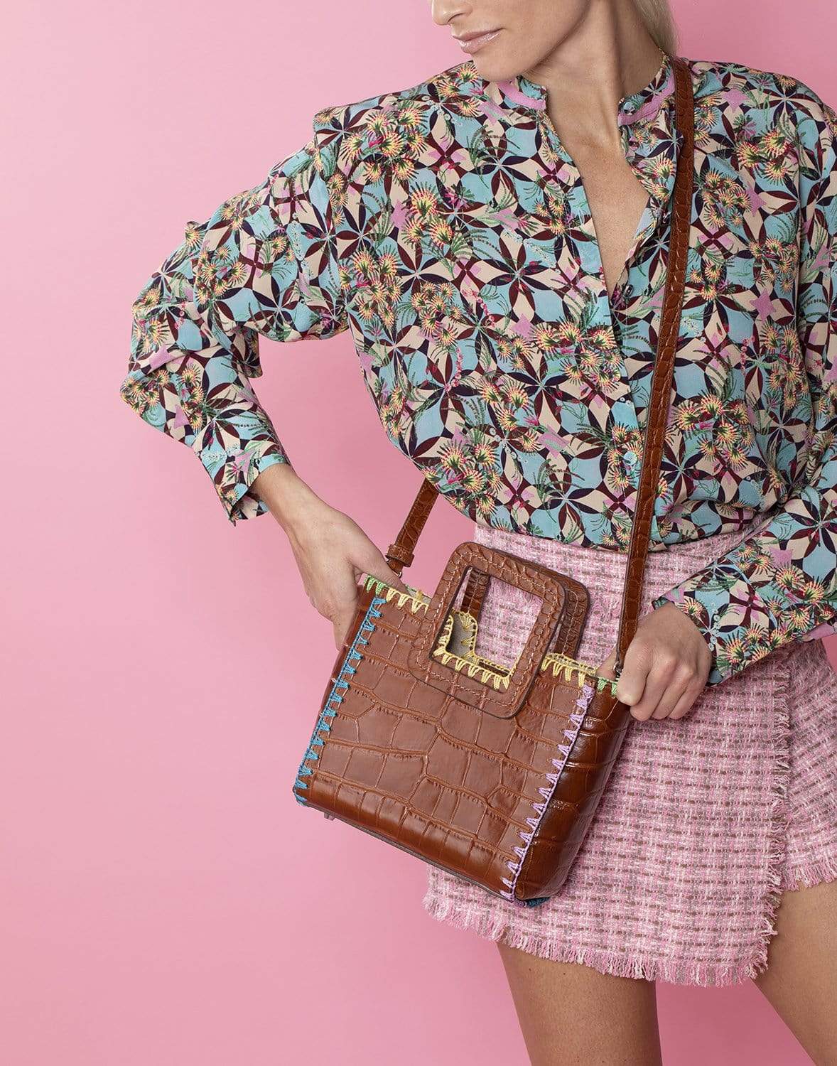 STAUD-Saddle Croc Embossed Mini Shirley Crochet Edge Bag-MULTI