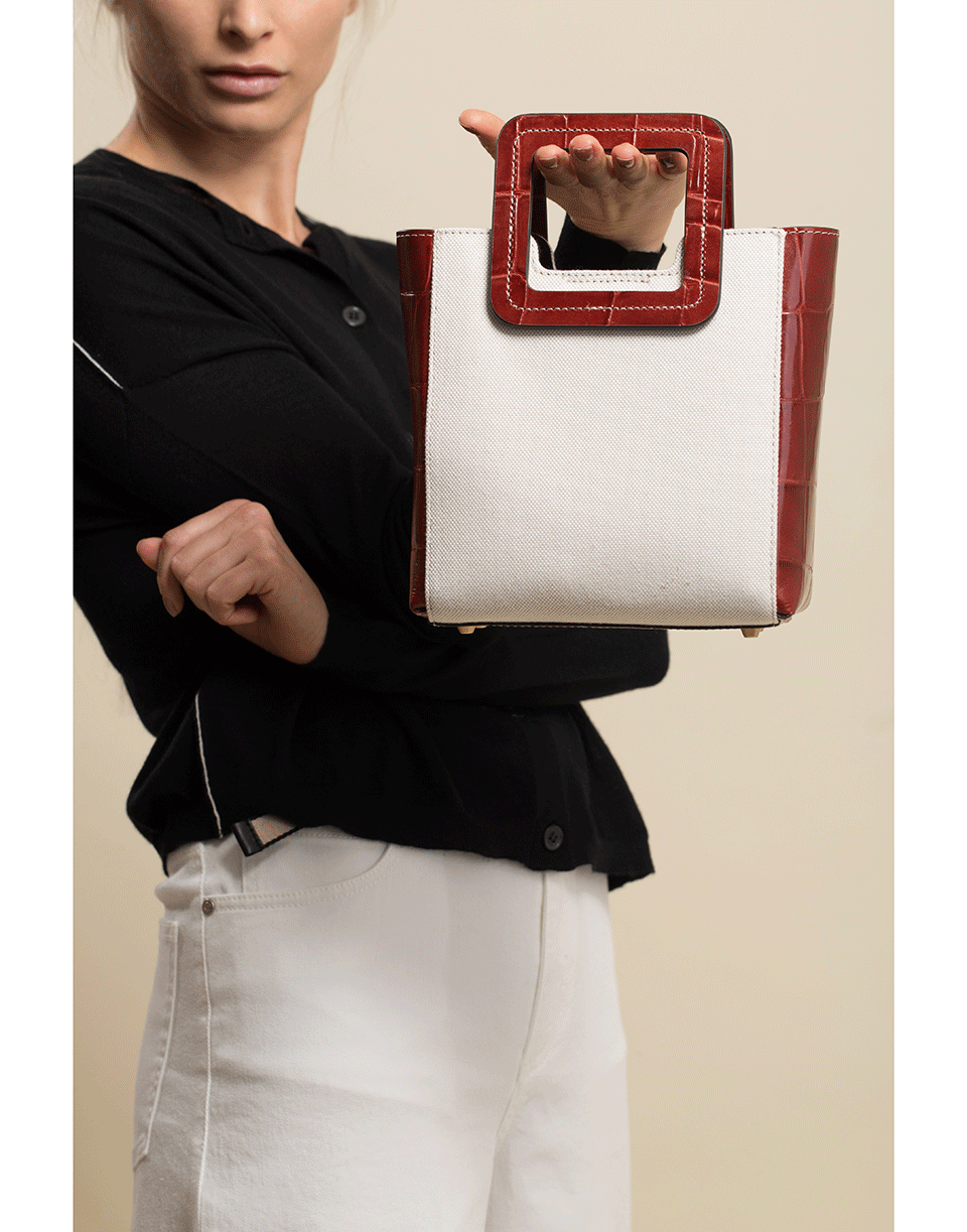 STAUD-Mini Embossed Croc Leather and Canvas Shirley Bag-COGNAC