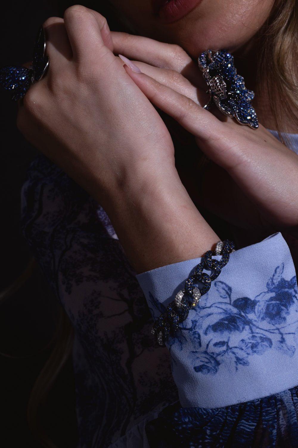 STEFERE-Diamond Blue Sapphire Link Bracelet-WHITE GOLD