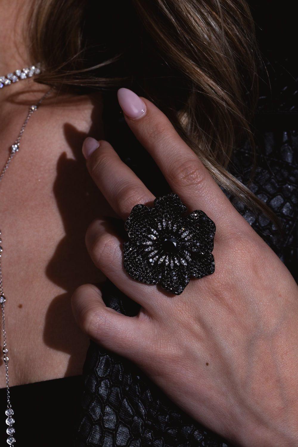 STEFERE-Black Diamond Hematite Flower Ring-WHITE GOLD