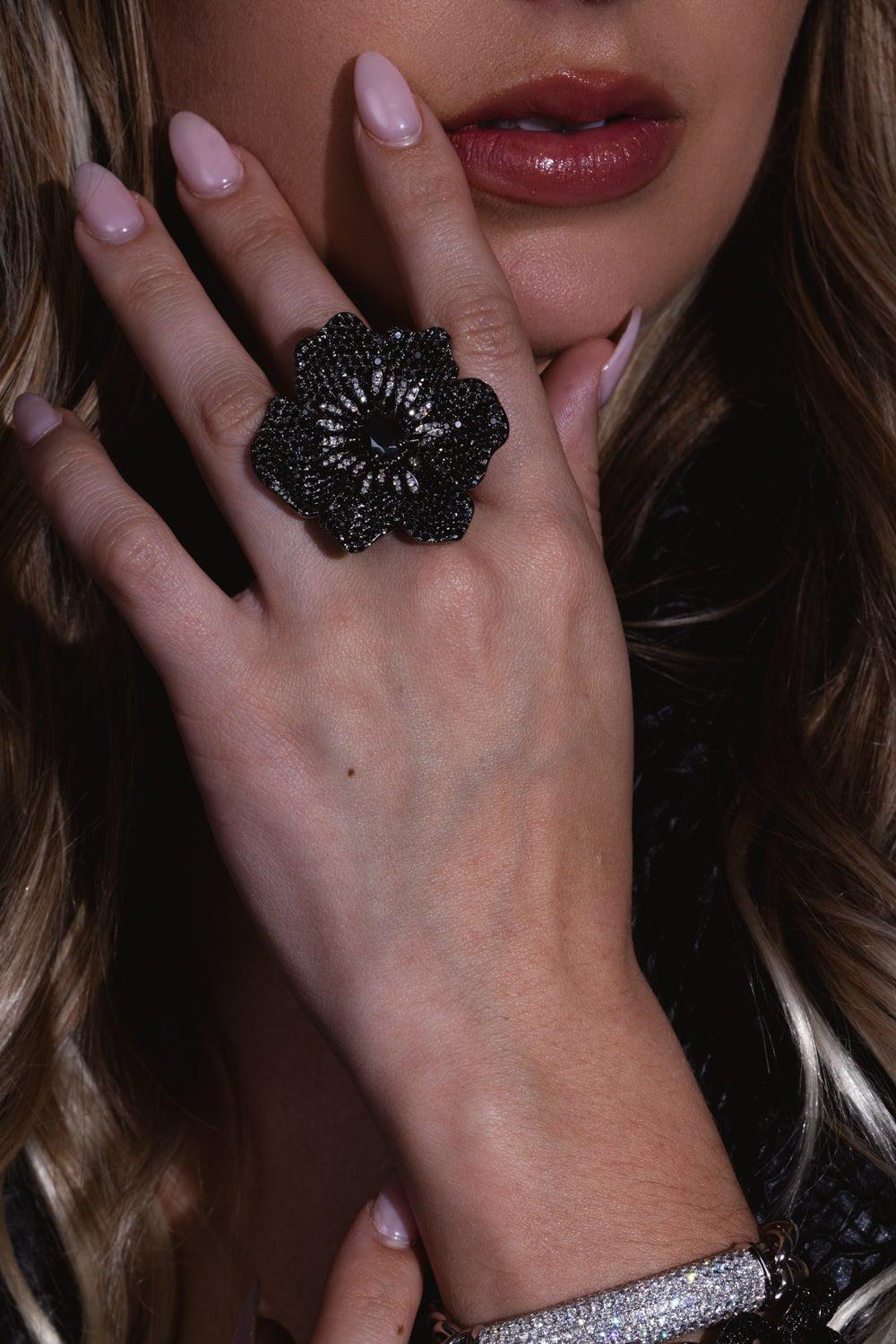 STEFERE-Black Diamond Hematite Flower Ring-WHITE GOLD