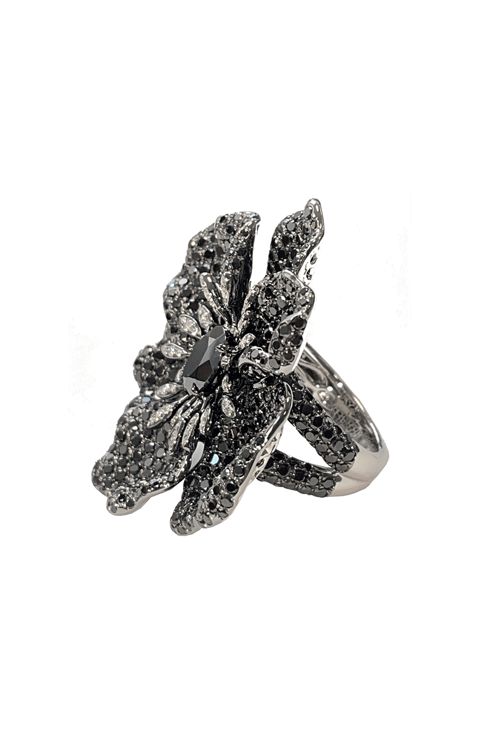 STEFERE-Black Diamond Hematite Flower Ring-WHITE GOLD