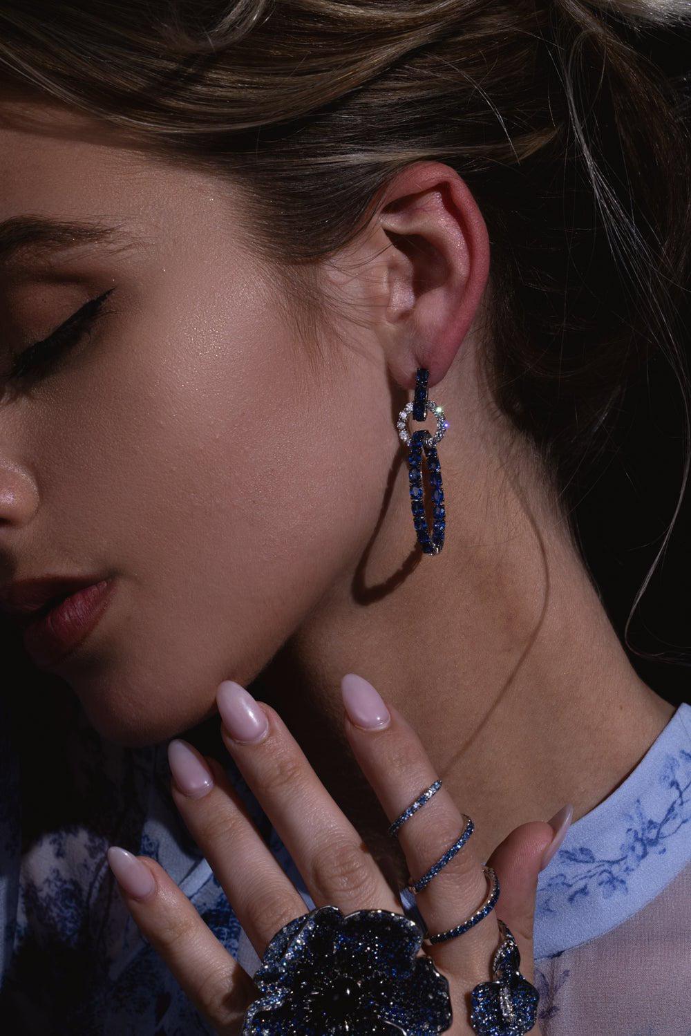 STEFERE-Blue Sapphire Diamond Hoop Drop Earrings-WHITE GOLD