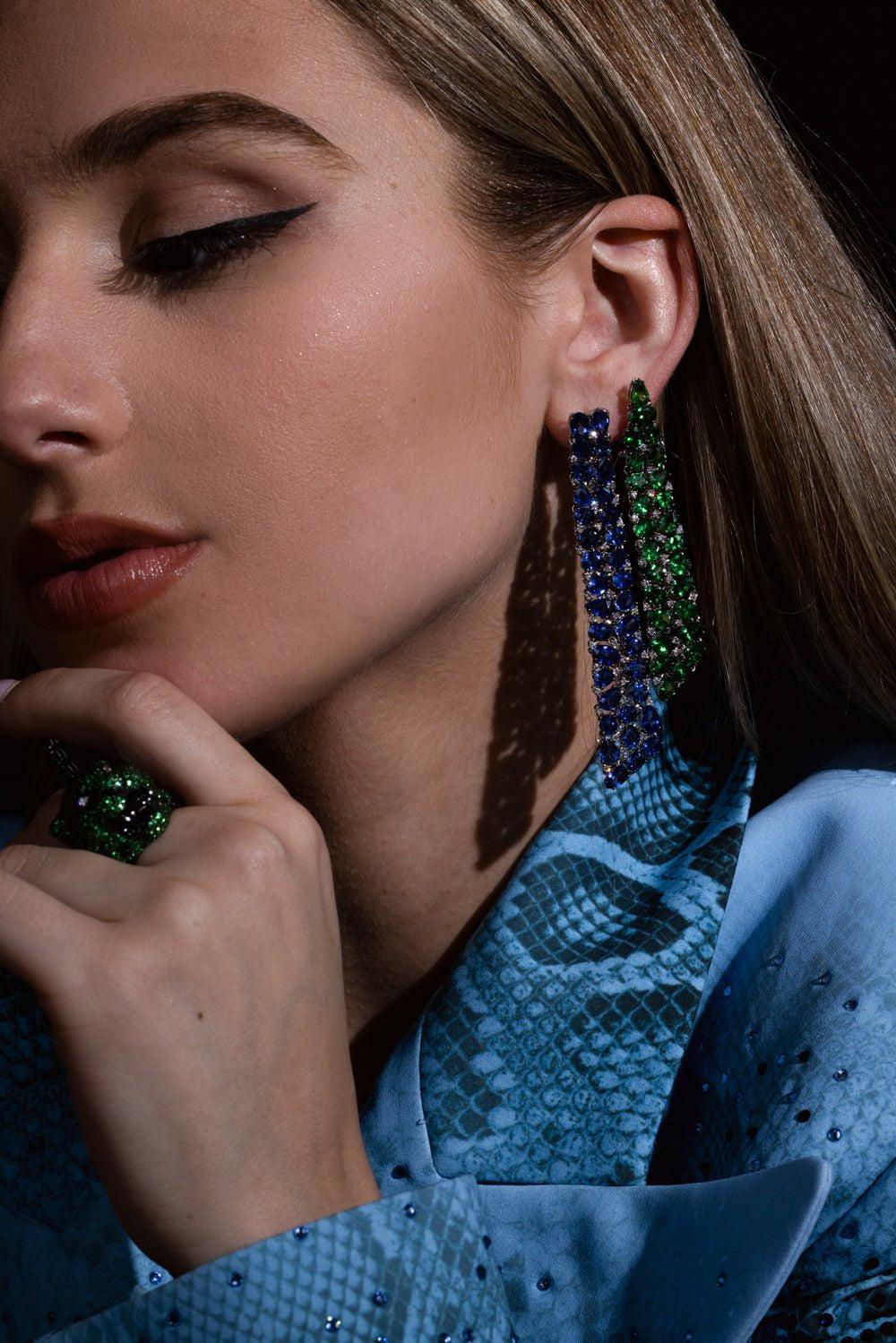 STEFERE-Sapphire Tsavorite Mix Match Earrings-WHITE GOLD
