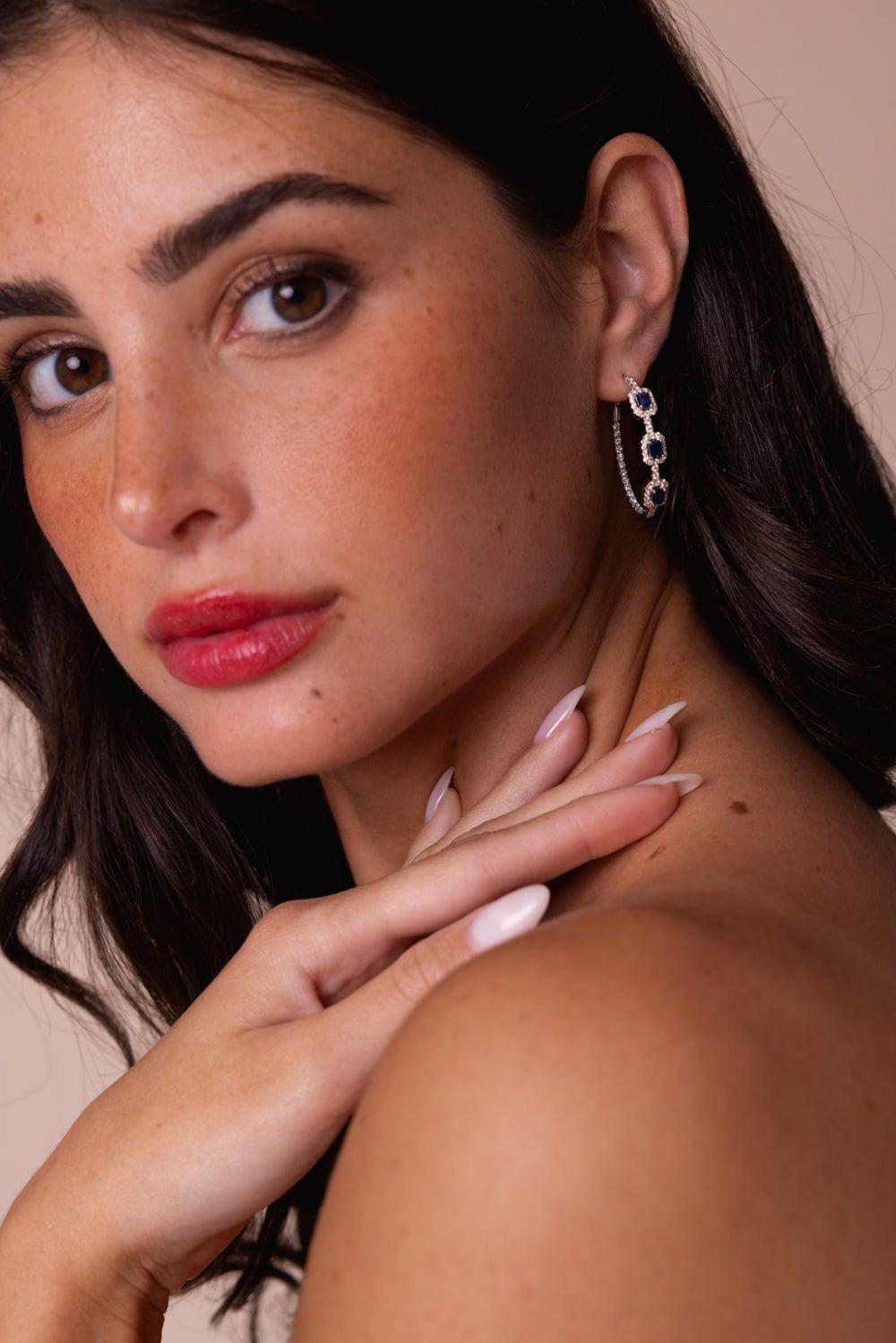 STEFERE-Square Diamond Sapphire Hoop Earrings-WHITE GOLD