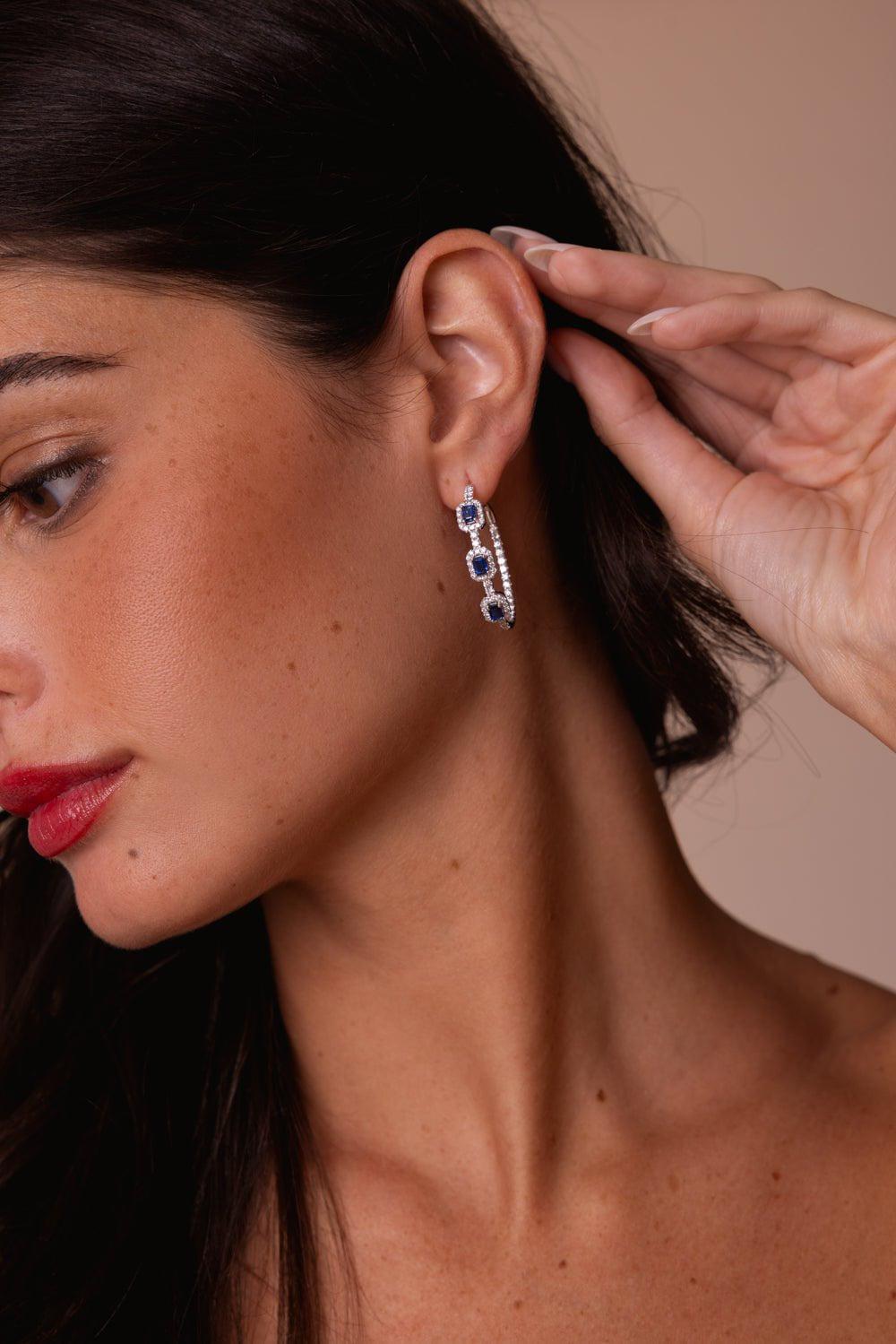 STEFERE-Square Diamond Sapphire Hoop Earrings-WHITE GOLD