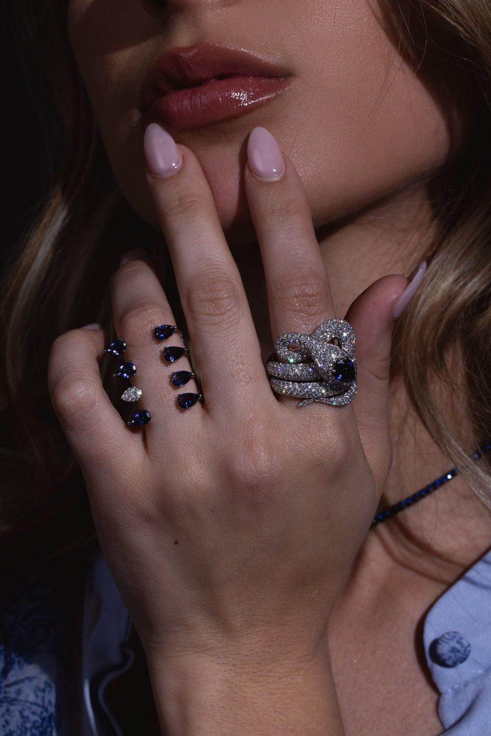STEFERE-Diamond Blue Sapphire Snake Ring-WHITE GOLD
