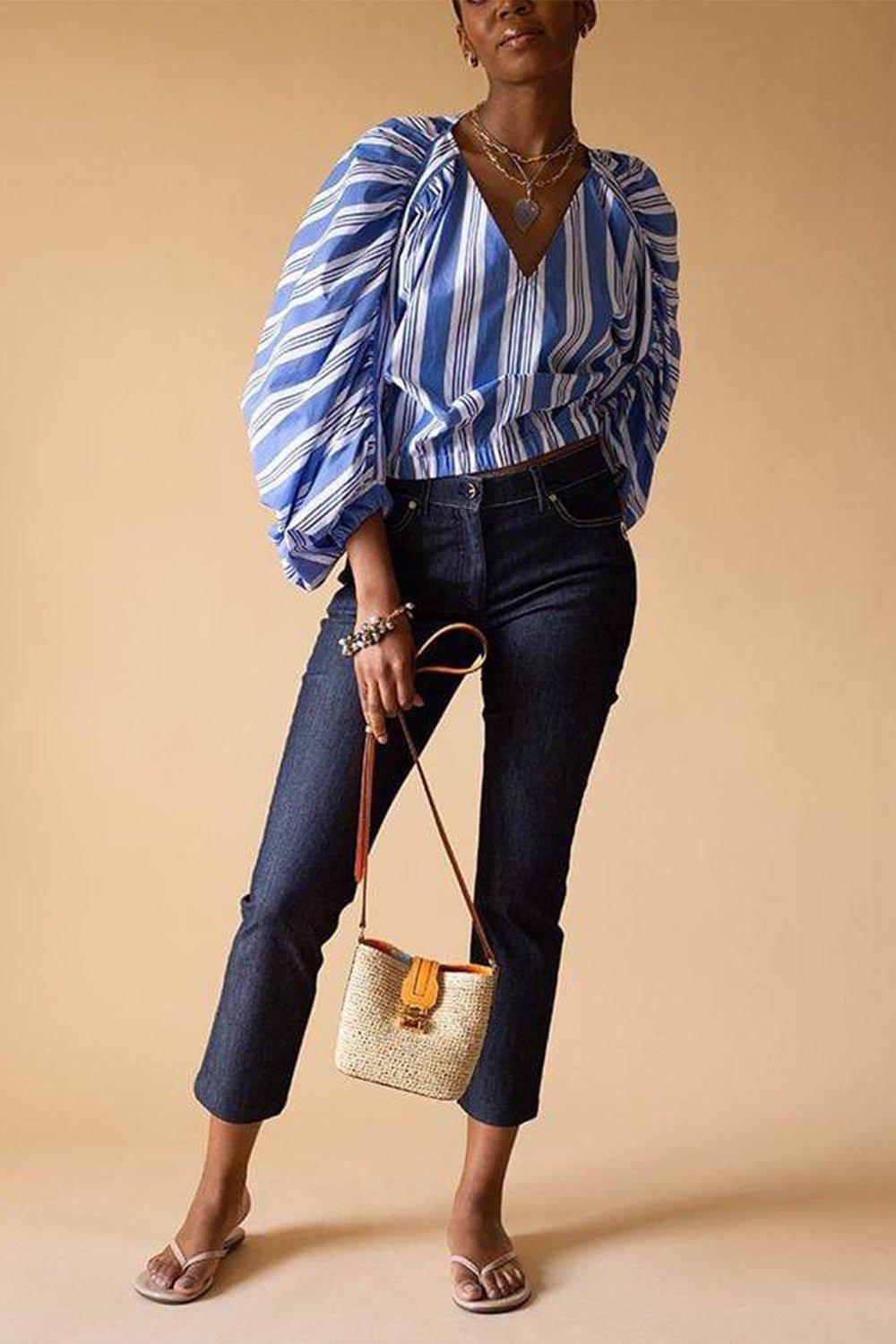 STELLA JEAN-V-Neck Stripe Gathered Sleeve Blouse-WHITE