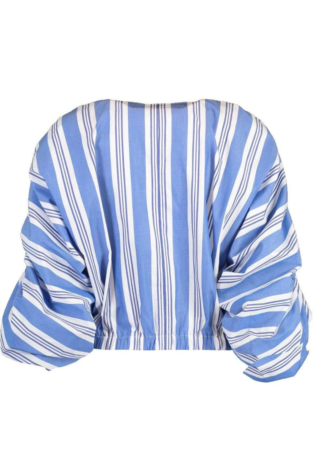 STELLA JEAN-V-Neck Stripe Gathered Sleeve Blouse-WHITE