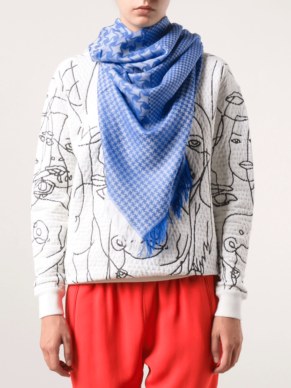 STELLA MCCARTNEY-Houndstooth And Stars Fringe Scarf-BLUE
