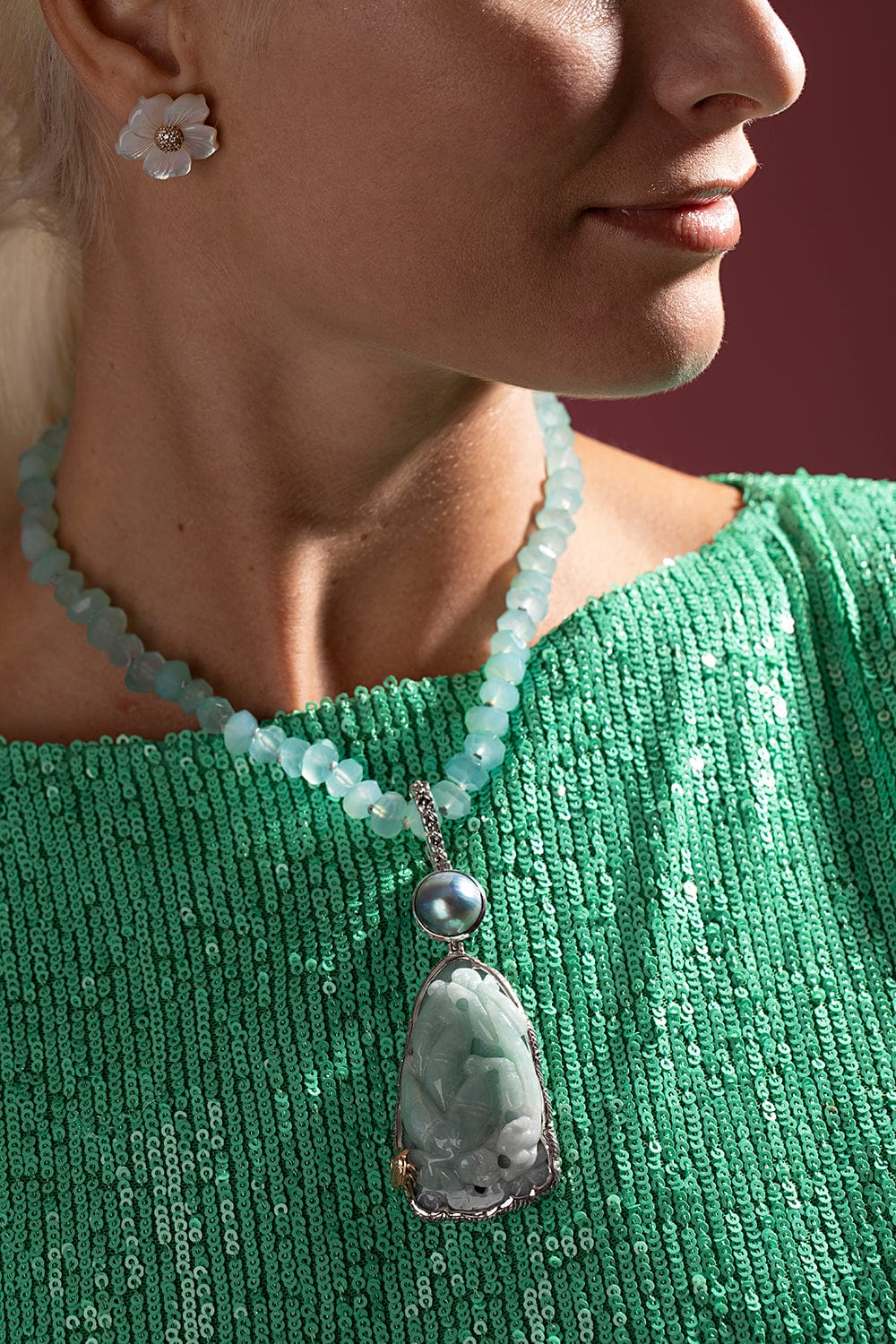 STEPHEN DWECK-Hand Carved Jade and Chalcedony Necklace-SILVER