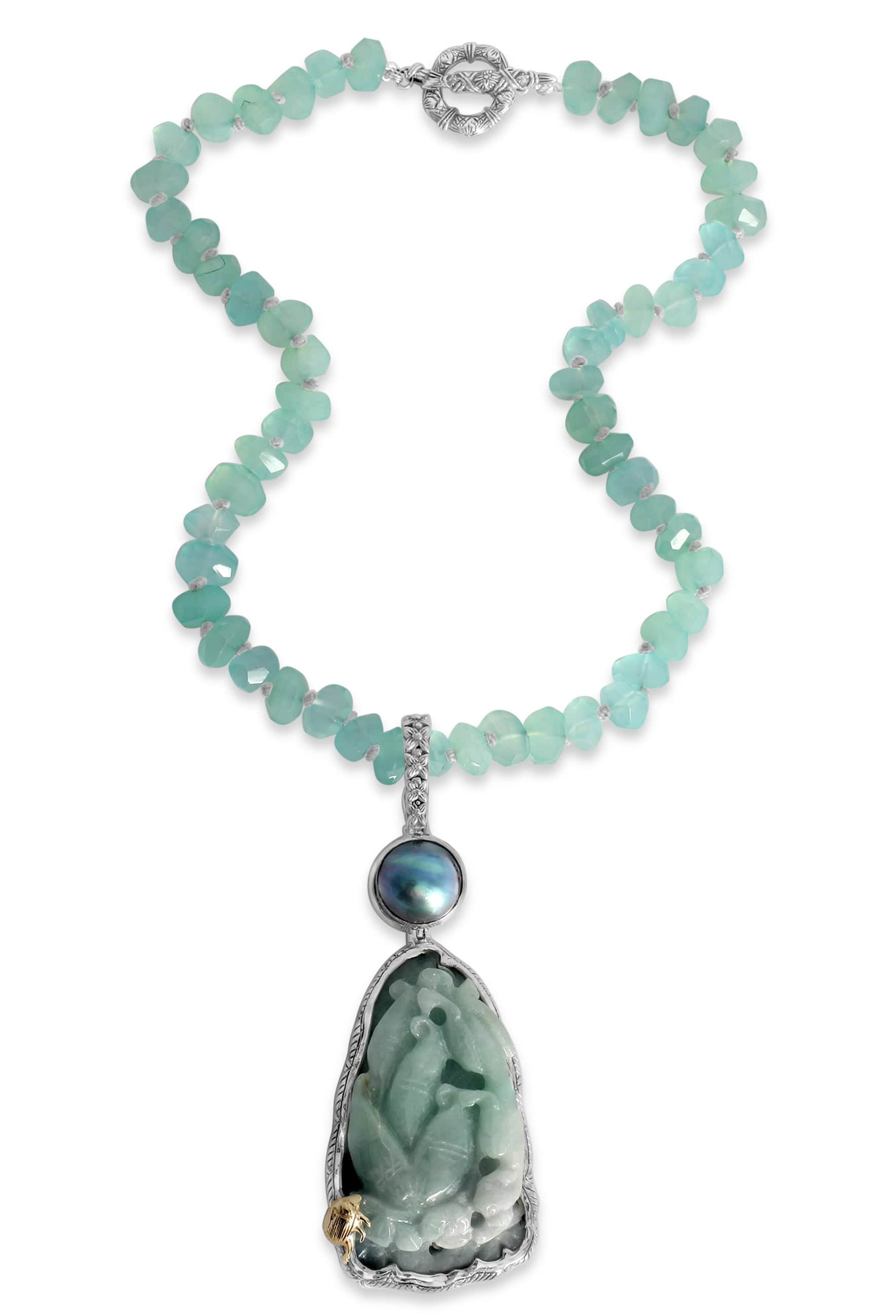 STEPHEN DWECK-Hand Carved Jade and Chalcedony Necklace-SILVER