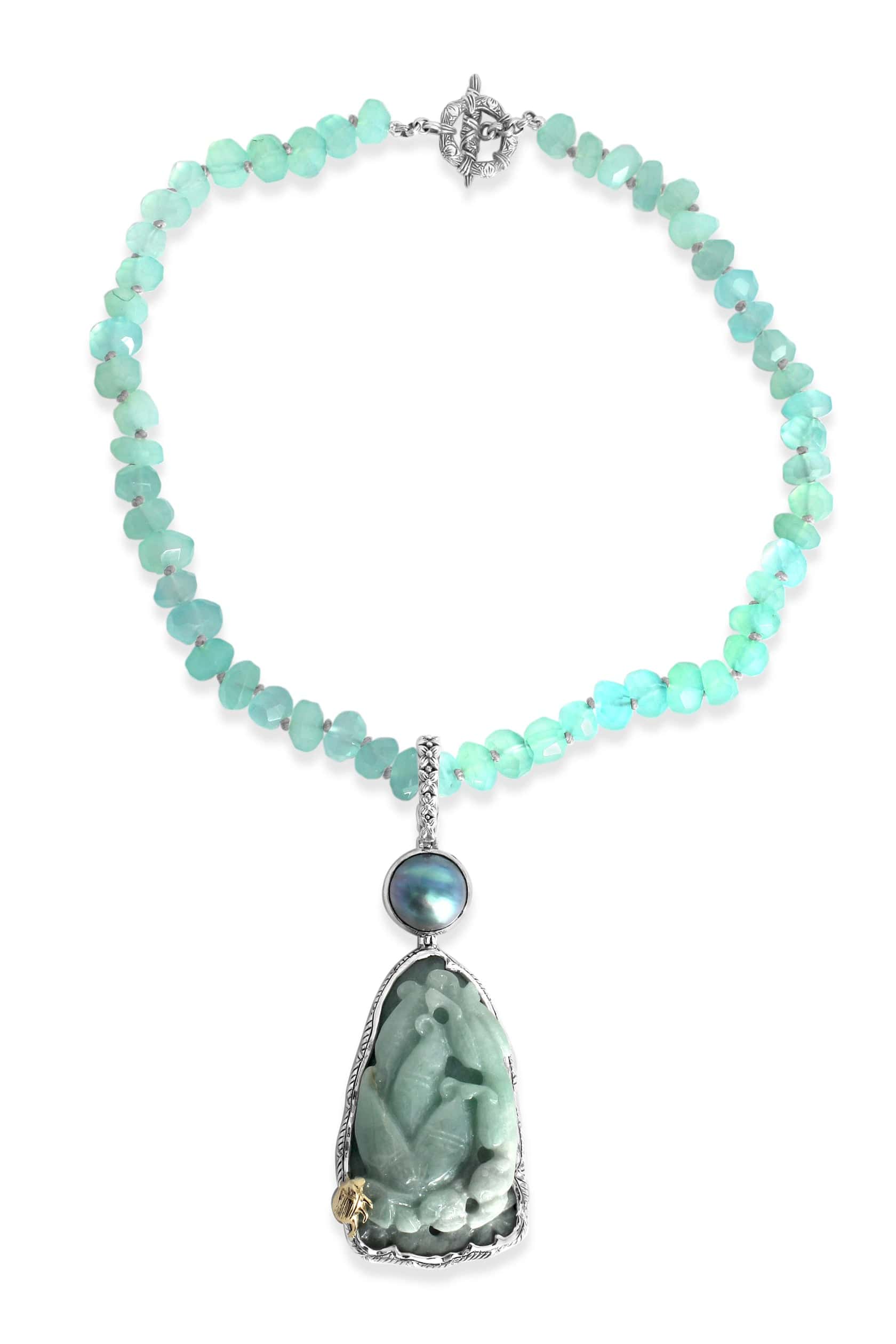 STEPHEN DWECK-Hand Carved Jade and Chalcedony Necklace-SILVER
