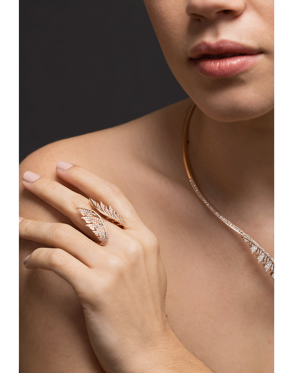 STEPHEN WEBSTER-Magnipheasant Diamond Double Feather Ring-ROSE GOLD