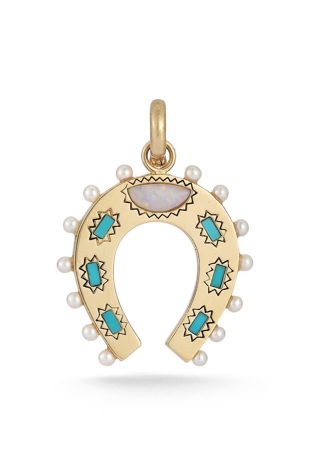 Turquoise Opal Horseshoe Pendant-YELLOW GOLD-JEWELRYFINE JEWELPENDANT-STORROW
