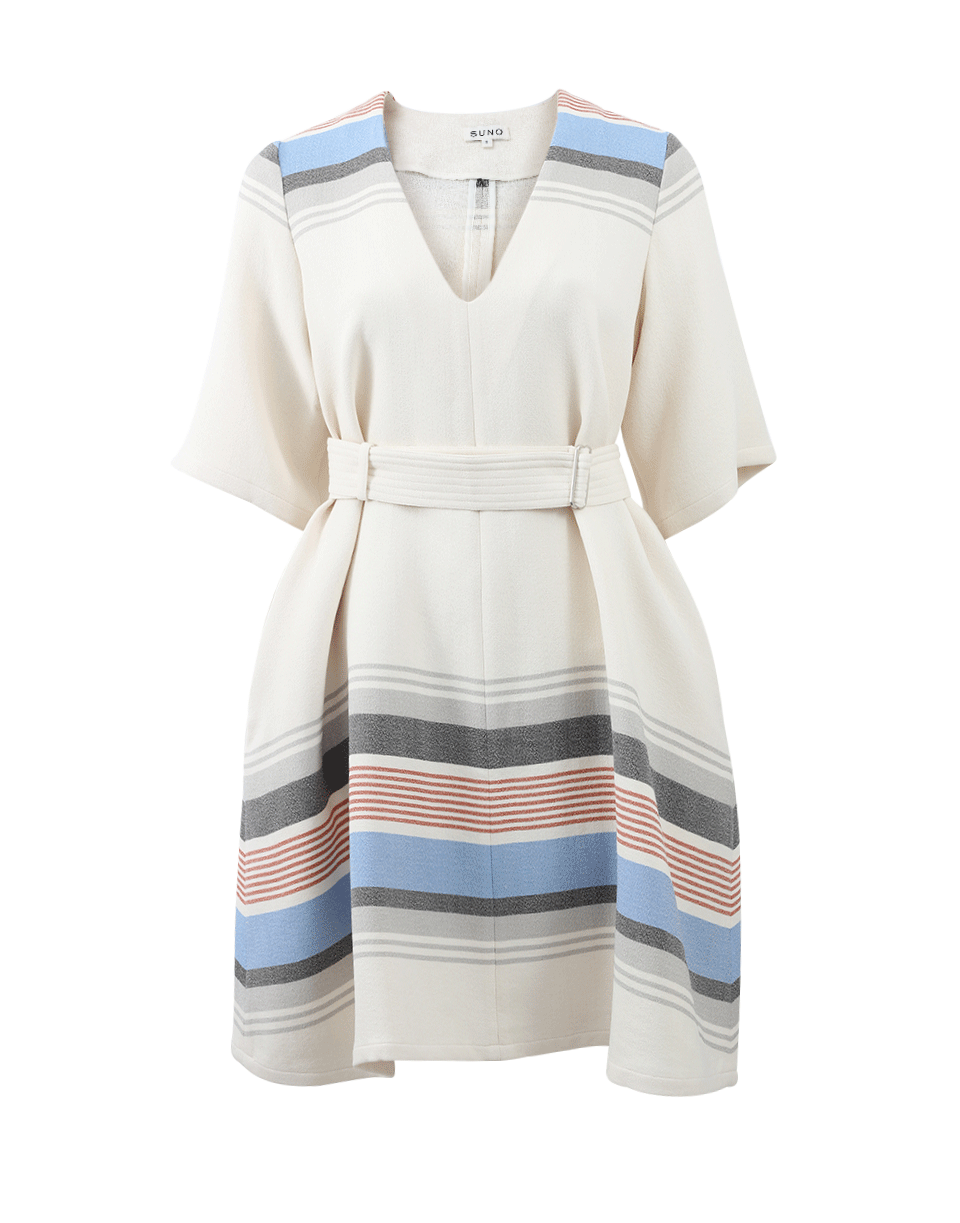 SUNO-Belted Woven Stripe Dress-WHITE