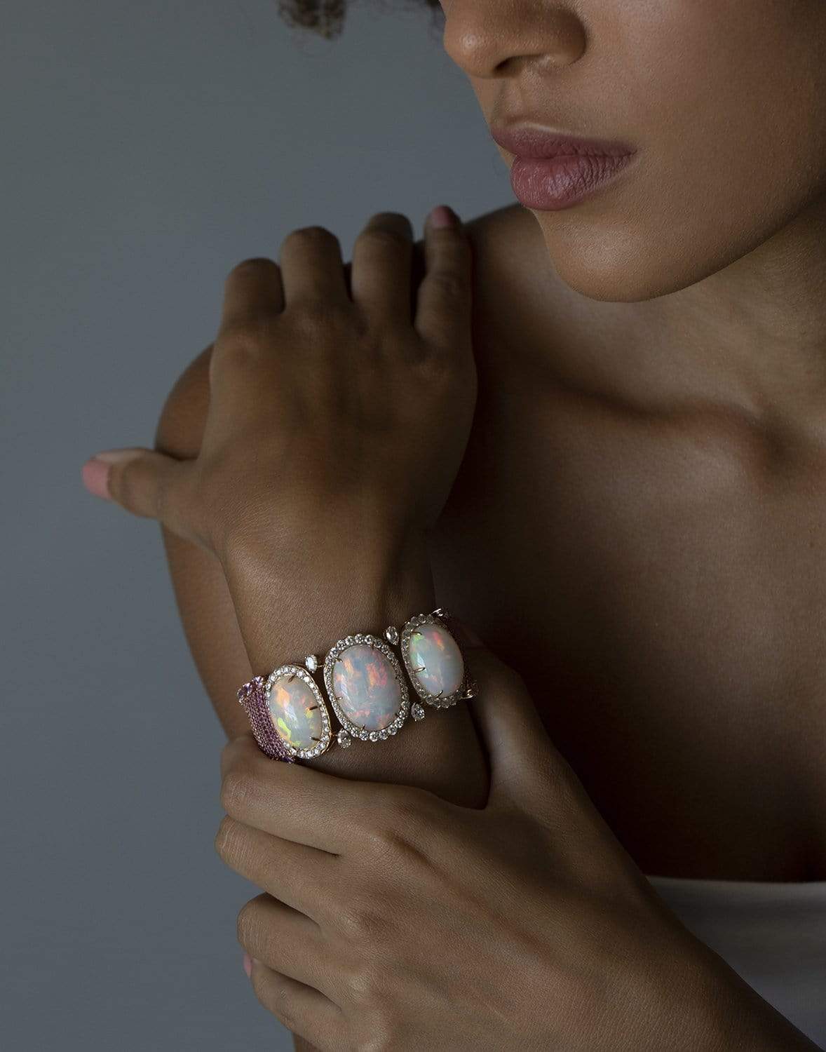 SUTRA-Triple White Opal & Pink Sapphire Bracelet-ROSE GOLD