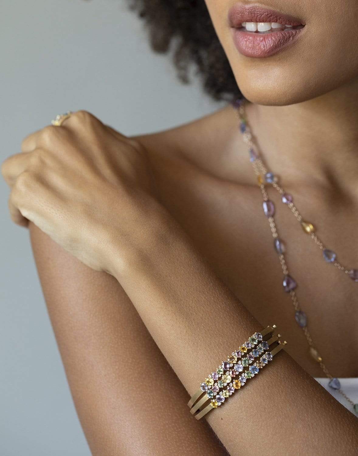 SUTRA-Diamond & Multi Sapphire Bangle-YELLOW GOLD
