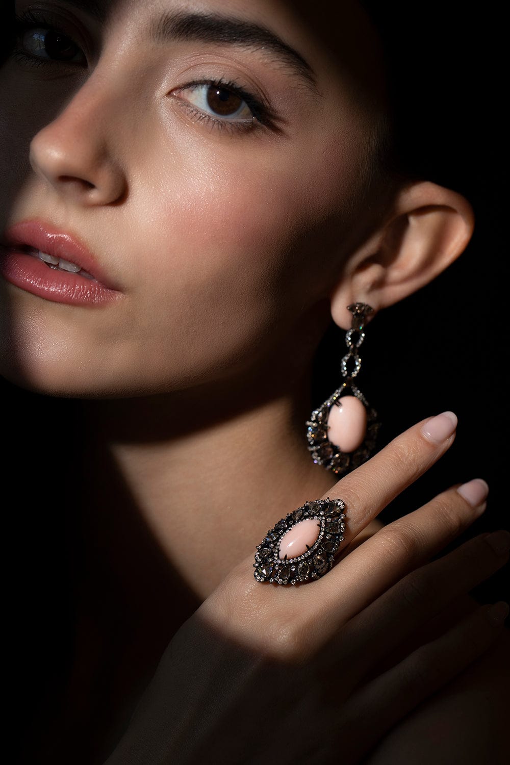 SUTRA-Angel Skin Coral and Champagne Diamond Earrings-BLACK GOLD