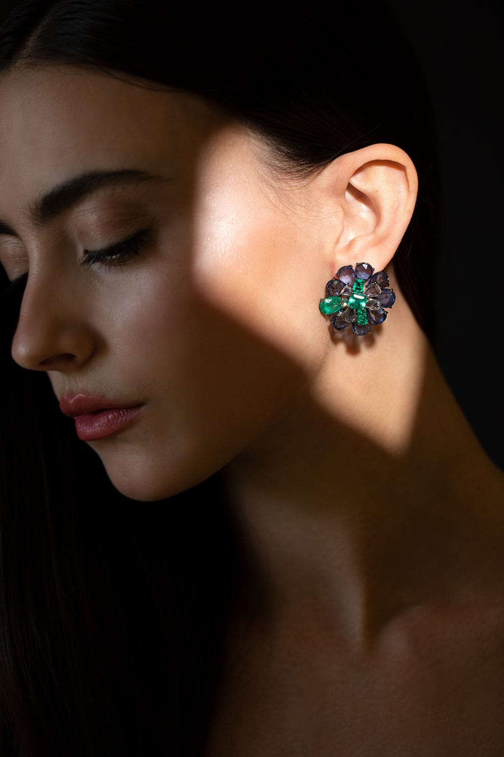 SUTRA-Emerald Blue Sapphire Flower Earrings-BLACK GOLD